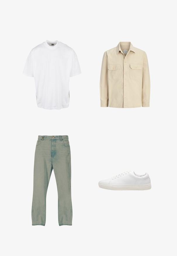 Camisa beige de manga larga con botones delanteros, dos bolsillos frontales con solapa abotonada y cuello clásico.; Camiseta de algodón blanca con un corte relajado, mangas cortas y cuello redondo, que presenta un dobladillo recto y sin gráficos ni patrones visibles.; Vaqueros de pierna recta en azul claro con botón delantero, trabillas para cinturón y bolsillos delanteros, mostrados sobre un fondo blanco.; Zapatilla de cuero blanco con textura suave, puntera redonda, cierre de cordones y suela de goma plana. Diseño minimalista sin patrones visibles.