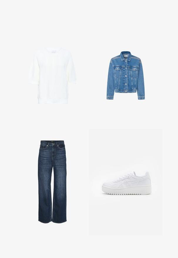 Veste en denim bleu clair avec un col classique, deux poches poitrine, fermeture à boutons sur le devant et détails de couture contrastants.; Kaffe KAWHITNEY - T-shirt basique - chalk; Jeans en denim à jambes larges dans un lavage bleu foncé, avec un design à cinq poches, des passants de ceinture et des décolorations subtiles à l'avant. Fermeture classique à bouton.; Baskets plateformes blanches avec une texture en cuir lisse, des détails perforés et des lacets plats ; dotées d'une épaisse semelle en caoutchouc blanc.