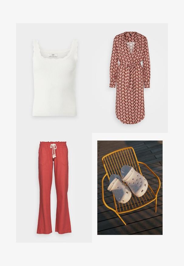 Vero Moda VMEASY LONG KIMONO - Veste légère - mahogony; Débardeur en maille côtelée blanche avec encolure carrée festonnée et bretelles, sans manches, coupe près du corps.; Pantalons en lin rouges avec jambes évasées, comportant deux poches avant et une ceinture élastique avec un cordon blanc. Finition en tissu texturé.; Des sabots Crocs blancs présentent un design perforé, des semelles plates et des sangles de talon réglables, reposant sur une chaise en fil jaune contre un sol en bois.