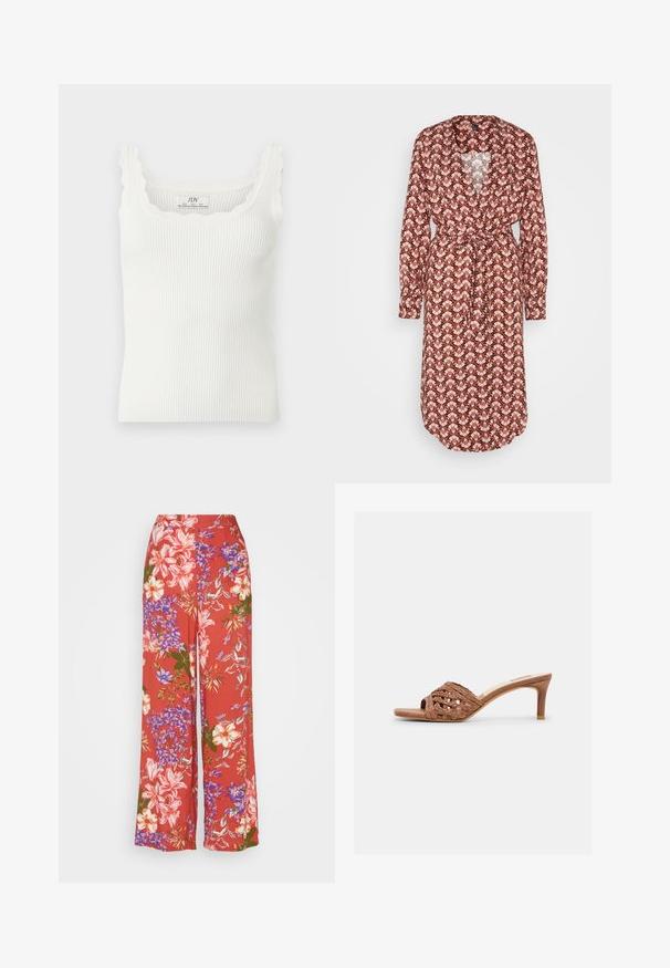 Vero Moda VMEASY LONG KIMONO - Καλοκαιρινό μπουφάν - mahogony; Λευκό ριμπ μάλλινο τοπ με τετράγωνο ντεκολτέ με κυματιστό περίγραμμα και τιράντες στους ώμους, αμάνικο, εφαρμοστή γραμμή.; ONLY ONLNOVA WIDE LEGGED - Παντελόνι - mineral red; Καφέ ανοιχτή mule σανδάλι με πλεκτό δερμάτινο επάνω μέρος και μεσαίου ύψους κωνικό τακούνι σε λευκό φόντο.