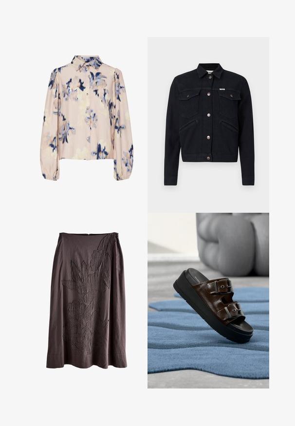 Musta denimpuku, jossa on napituksella suljettava etuosa, kaksi rintataskua, sivutaskut ja kuparinväriset yksityiskohdat. Varustettu klassisella kauluksella ja lyhyellä leikkauksella.; Pitkähihaisia paita, jossa on kaulus, beige tausta, abstrakti sininen ja ruskea kukkakuosi, napitettava etuosa ja elastiset hihansuut.; Tummanruskea midi-hame, jossa on teksturoitu kukkakoristeinen applikaatiokuvio, joka kulkee vinoon ylhäältä oikealta alas vasemmalle.; Ruskea nahkainen liukusandaali, jossa on kaksi säädettävää hopeanväristä solkea mustalla korotetulla pohjalla, lepää sinisellä kuvioidulla matolla.