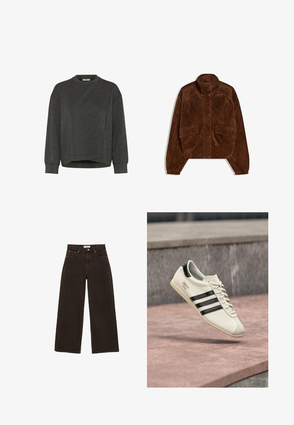 Veste courte en daim marron avec col haut, boutons-pression à l'avant, poches à rabat, et poignets élastiques sur les manches longues.; Sweatshirt gris foncé avec un col rond, des manches longues, un design asymétrique et une texture douce. Présente une coupe décontractée et des détails de couture minimalistes.; Jean en denim marron foncé à jambes larges, avec bouton et fermeture éclair à l'avant, poches avant avec rivets, et passants pour ceinture, posé à plat sur un fond blanc.; Baskets blanches Adidas avec des rayures noires et une semelle beige, flottant au-dessus d'une surface en béton rosâtre et d'un fond en pierre grise.