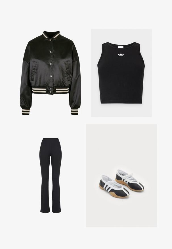 Sort satin bomberjakke med ribbet krave og manchetter, der har sølvfarvede trykknapper og stribede detaljer på livet.; Sort ribbet ærmeløs crop top med rund halsudskæring og lille hvid Adidas trefoil-logo centreret nær kraven.; Sorte højtaljede, tætsiddende yogabukser med udvidede ben, præsenteret mod en hvid baggrund.; Sort-hvide sportsko med et slankt design, gummisål, snørebåndslukning og tre hvide striber på siden.