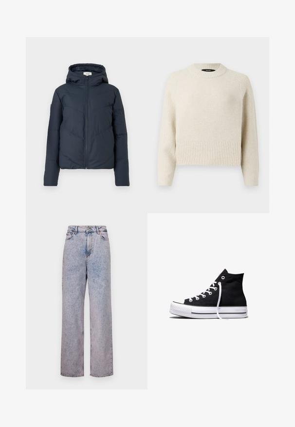 Puffjakke i mørkeblå, med hætte, lynlåslukning og diagonale syninger. Fremstillet af let, isoleret stof.; Lys beige strikket sweater med ribkant og tekstureret krop. Har rund hals og lange ærmer med en afslappet pasform.; Lyseblå denimbukser med en afslappet, lige skæring, der har høj talje, fem-lomme design og bronze knapdetaljer.; Sort high-top canvas sneaker med hvid gummisål og hvide snørebånd, vist fra siden mod en hvid baggrund.