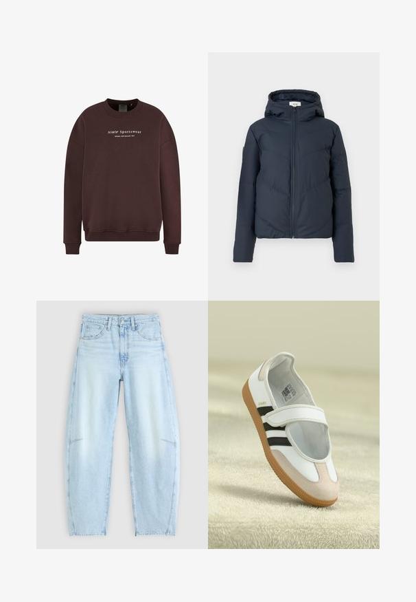 Dunkelblauer Puffer-Jacke mit Kapuze, Reißverschluss und diagonalen Nähmustern. Hergestellt aus leichtem, isoliertem Stoff.; Brauner Sweatshirt mit Rundhalsausschnitt, langen Ärmeln und gerippten Bündchen. Der Schriftzug auf der Vorderseite lautet "Aim'n Sportswear Sweden New Zealand 2013."; Hellblaue Denim-Jeans mit relaxed Fit, hoher Taille, Fünf-Taschen-Design und subtilen Ausbleichungen sowie ausgefransten Saumdetails.; Weiße Schuhe mit einer pinken Wildleder-Zehe, schwarzen Streifen und einem Klettverschluss. Sie verfügen über eine tanfarbene Gummisohle und ein Logo an der Seite.