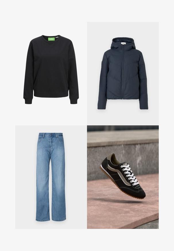 Dunkelblauer Puffer-Jacke mit Kapuze, Reißverschluss und diagonalen Nähmustern. Hergestellt aus leichtem, isoliertem Stoff.; Schwarzer Rundhalsausschnitt-Sweatshirt aus Baumwolle. Mit gerippten Bündchen und Saum, versehen mit einem grünen Etikett mit der Aufschrift "JJXX" am Kragen.; Hellblaue Denim-Jeans im weit geschnittenen Stil mit einem klassischen Fünf-Taschen-Design, Knopfverschluss und dezenten Nähten entlang der Säume.; Schwarzer und beiger Sneaker mit weißen Schnürsenkeln und brauner Sohle, schwebend über einer Steinoberfläche vor einem grauen Betonhintergrund.