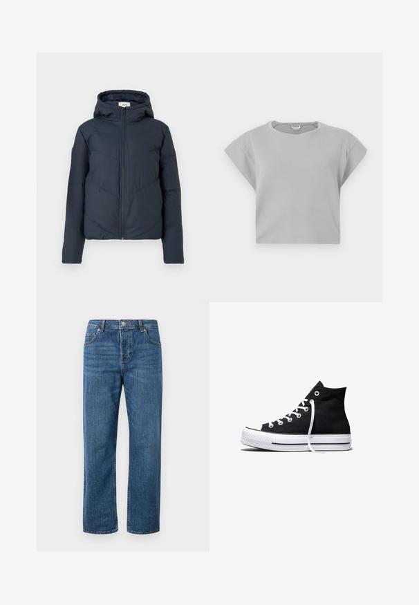 Doudoune en marine foncé, avec une capuche, fermeture éclair et des motifs de couture diagonale. Fabriquée en tissu léger et isolant.; Sweatshirt cropped gris clair avec des manches courtes et roulées, un col rond et des détails de couture subtils. Fabriqué à partir d'un tissu doux et respirant.; Jean en denim bleu avec une coupe droite et une taille haute. Les caractéristiques incluent des poches avant, une fermeture à bouton et des détails de couture subtils.; Baskets montantes en toile noire avec semelle en caoutchouc blanche et lacets blancs, vues de côté sur un fond blanc.