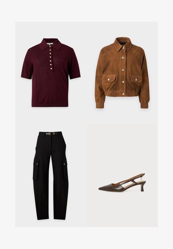 Veste en daim marron avec boutons-pression argentés, deux poches à rabat à l'avant, poignets élastiques et col de chemise.; Polo à manches courtes couleur bordeaux foncé avec un col large et une rangée de sept boutons dorés au centre devant.; Pantalon cargo noir taille haute avec poches à rabat latérales et une fine ceinture noire avec des détails de boucle dorée.; Chaussure slingback en cuir marron à bout pointu avec un petit talon courbé et un petit charm doré sur la bride réglable à la cheville.
