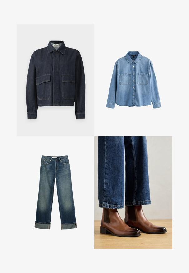 Mørkeblå denimjakke med spidse krave, skjulte frontknapper og to store klaplommer foran.; Lyseblå denim skjorte med knapper, lange ærmer, to brystlommer og en spids krave, vist på hvid baggrund.; Bredde ben blå denim jeans med en falmet finish, fem lomme-design og foldede manchetter med kontrastsyninger. Glat tekstur.; Brune læder ankelstøvler med elastiske sidepaneler, firkantet tå og lav blokhæl, båret med blå denim jeans. Hårdttrægulv nedenfor.