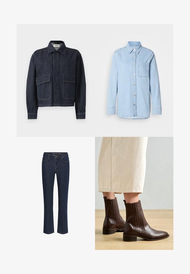 Mørkeblå denimjakke med spidse krave, skjulte frontknapper og to store klaplommer foran.; Lyseblå denimskjorte med knaplukning foran, spids krave, enkelt brystlomme og lange ærmer med knapmanchetter.; Mørkeblå lige ben denim jeans med forlommer, bæltesløjfer og knaplukning.; Pavement SHANI - Støvletter - brown