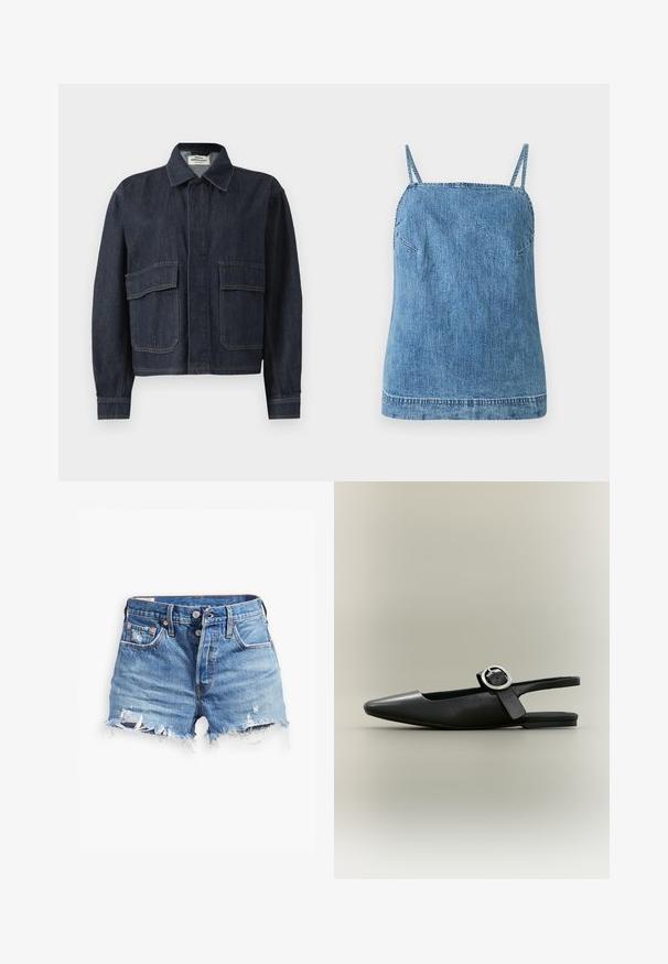 Veste en denim bleu foncé avec un col pointu, des boutons avant dissimulés et deux grandes poches à rabat à l'avant.; Haut sans manches bleu denim avec fines bretelles doubles et encolure droite sur fond blanc uni.; Shorts en denim bleu clair avec des bords effilochés, taille haute, fermeture à bouton et deux poches avant ; des détails usés ajoutent de la texture.; Chaussure plate slingback noire à bout pointu, boucle argentée et petit talon sur fond neutre.