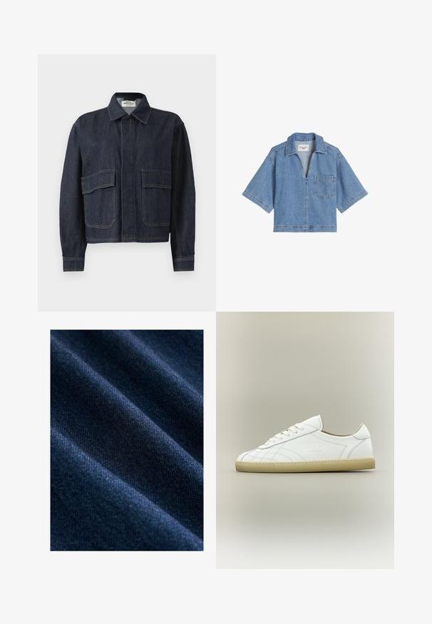 Mørkeblå denimjakke med spidse krave, skjulte frontknapper og to store klaplommer foran.; Lyseblå denim kortærmet skjorte med krave, forreste brystlomme og en dyb V-hals åbning.; Mørkeblå denimstof med en glat tekstur, der har synlige diagonale vævemønstre og subtile variationer i farve og glans.; Hvid lavtop lædersneaker med beige sål, snøredesign og subtile syede mønstre på neutral baggrund.