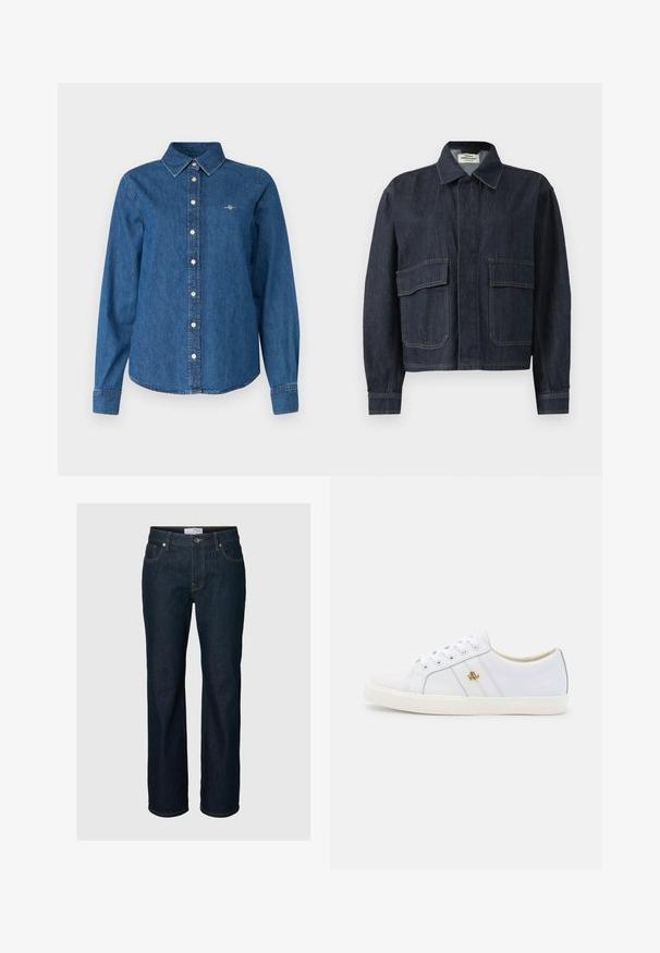 Donkerblauwe spijkerjacket met een puntige kraag, verborgen voorknopen en twee grote klepzakken aan de voorkant.; GANT REG - Overhemdblouse - indigo; Donkerblauwe straight-leg spijkerbroek met vijf zakken, knoopsluiting en contraststiksels, afgebeeld op een effen achtergrond.; Lauren Ralph Lauren JANSON II ACTION LEATHER SNEAKER - Sneakers laag - real white