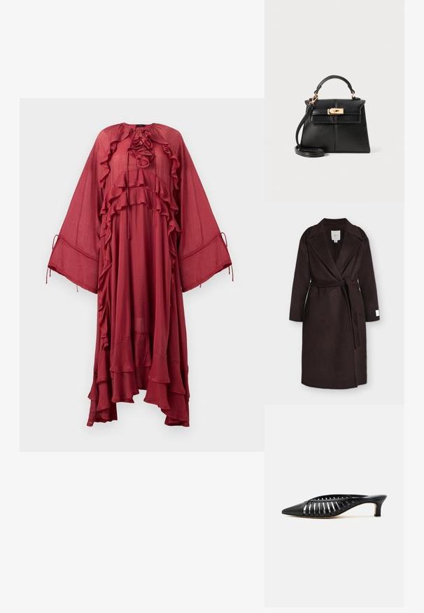 Abrigo largo de lana marrón oscura con cuello ancho, cinturón de lazo envolvente, bolsillos laterales y etiqueta blanca en el puño de la manga izquierda.; Copenhagen Muse NORMA DRESS - Vestido largo - red pear; Zapato mule de cuero negro con punta afilada, diseño de tiras con recortes y tacón bajo tipo kitten sobre fondo blanco.; Bolso de cuero negro con un diseño estructurado, asa superior, correa desmontable y herrajes en tono dorado en un cierre magnético.