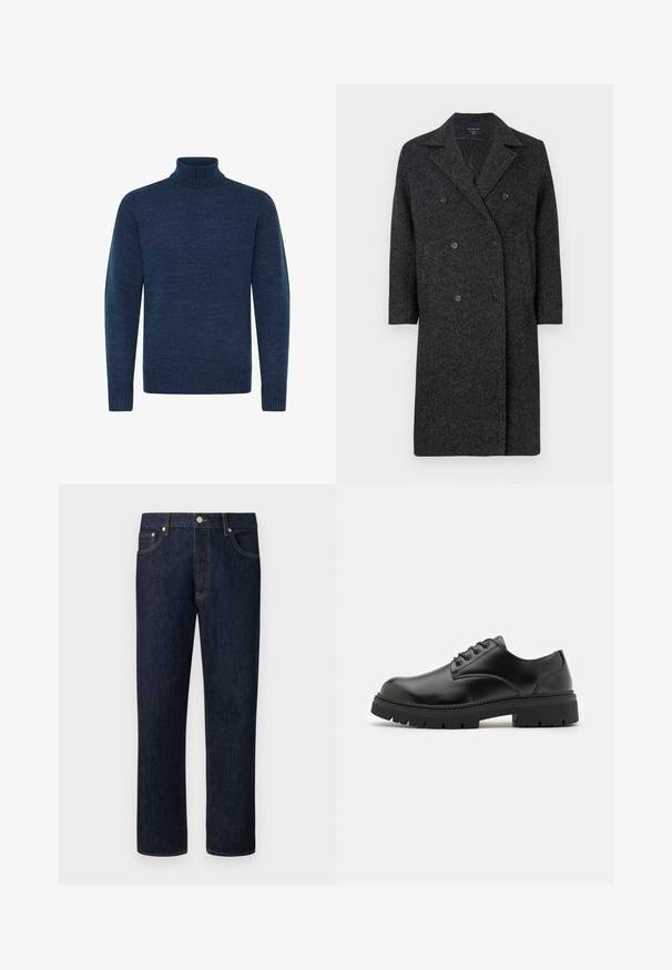 Kahekordse nööpimiskohaga mantel tumedas hallis kalasaba mustris. Valmistatud tekstureeritud kangast, millel on notsitud krae ja kaks esimest taskut.; Tumesinine kõrge kaelusega sweater, mis on valmistatud tekstuurses kangas, pikkade varrukate ja soonikute aktsentidega kaeluses ja allservas.; Tumesinised sirgelõikelised teksad oranži õmblusega, ees nööp ja viie taskuga disainil, ühtlasel heledal taustal.; Mustad mustad nahast jalanõud, millel on ümardatud varvas, paeltega disain ja paks, tekstuuriga kummitald. Omab äärte pikeeringut ja siledat viimistlust.