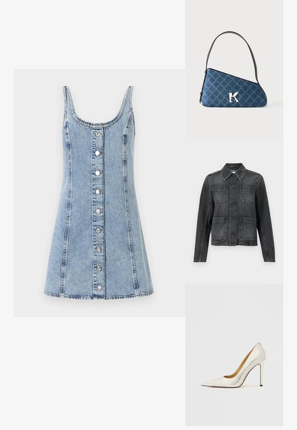 Sort denimjakke med krave, fire frontlommer, knaplukning og en let slidt tekstur.; Denimkjole med en dyb udskæring og tynde stropper. Lys blå stof, A-formet, med frontknapper og synlige syninger.; Hvid læderhøjhælet sko med spids tå og tekstureret finish. Har en slank stiletthæl og en glat indvendig foring.; Blå quiltet denim skuldertaske med sort strop og sølv "K" logo foran, vist på en ensfarvet hvid baggrund.
