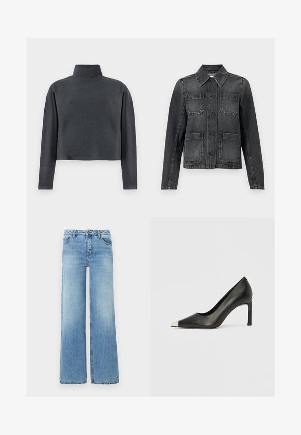 Sort denimjakke med krave, fire frontlommer, knaplukning og en let slidt tekstur.; DRYKORN ASIRAL - Sweatshirt - grey; Lyseblå denimjeans med høj talje, knap- og lynlås-lukning, lige brede ben samt lommer foran og bagpå.; Sort læder højhælet sko med spids tå og metal-sølv hætte. Har en glat finish og en slank hæl på 10 cm.