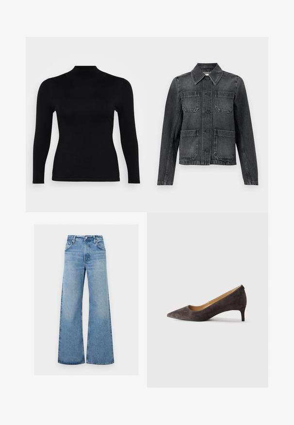 Sort denimjakke med krave, fire frontlommer, knaplukning og en let slidt tekstur.; Sort langærmet turtleneck top lavet af blødt, glat stof. Slim fit med høj hals og lige kant, præget af minimale sømme og uden mønstre.; Lyseblå højttaljede vidde-ben cowboybukser med forreste knap og lommer, vist fladt på en hvid baggrund.; Mørkebrun ruskind stiletto-pumps med spids tå og lav hæl, med en slank hæl og glat tan indvendig foring, vist i profil på en neutral baggrund.