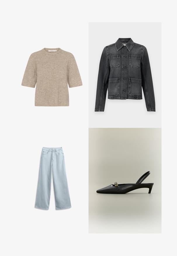 Sort denimjakke med krave, fire frontlommer, knaplukning og en let slidt tekstur.; Beige kortærmet sweater lavet af blødt strikstof med en rund halsudskæring og en afslappet pasform. Teksturen er en smule fuzzy.; Lyseblå vide jeans lavet af denim, med et klassisk fem-lomme design og en knaplukning i taljen.; Sort læder slingback med kitten heel, spids tå og lille guldfarvet spænde på en ensfarvet baggrund.
