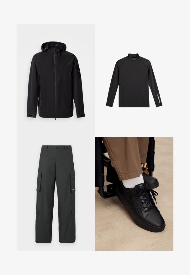 Schwarze wasserdichte Jacke mit Frontreißverschluss, verstellbarer Kapuze und Bündchen. Verfügt über Seitentaschen und ein Logopatch am Ärmel.; Schwarzes Langarm-Sportoberteil mit Stehkragen, schlanker Passform und weißem "J.Lindeberg"-Logo am linken Ärmel und Kragen.; Schwarze gerade Cargo-Hosen mit seitlichen Klappentaschen, Druckknopfverschluss, Gürtelschlaufen und kleinem weißen Logo auf der Klappentasche rechts.; Schwarzer Ledersneaker mit Schnürsenkeln und seitlichem Reißverschluss, getragen mit weißen Socken und brauner Hose, Fuß ruht auf der Fußstütze eines Rollstuhls.