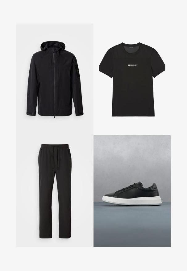 Sort vandtæt jakke med lynlås foran, justerbar hætte og manchetter. Har sidelommer og et logomærke på ærmet.; Sort kortærmet atletisk T-shirt med mesh øverst på bryst og skuldre, med "Calvin Klein" logo centreret på fronten.; Sorte joggerbukser lavet af letvægtsstof, med elastisk talje med justerbare snore og sidelommer. Glat tekstur.; Sorte lædersneakers med en glat overflade, hvid gummisål, afrundet form, seks øjer til snørebånd og diskret branding på hælen.