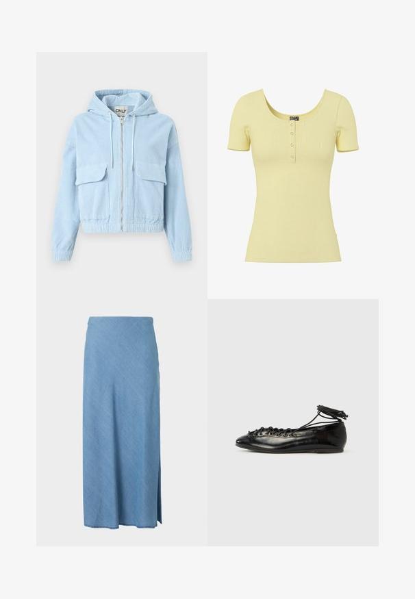 Veste en velours côtelé bleu clair avec capuche, fermeture éclair avant et deux poches poitrine. Comprend des poignets élastiques et un ourlet sous la taille.; Haut jaune clair côtelé à manches courtes avec encolure dégagée et quatre petits boutons-pression argentés au centre devant.; Jupe midi bleu clair à coupe droite avec une petite fente latérale, en tissu doux.; Ballerines en cuir verni noir avec un bout rond, un design à lacets et une semelle plate. Texture lisse avec peu de détails.