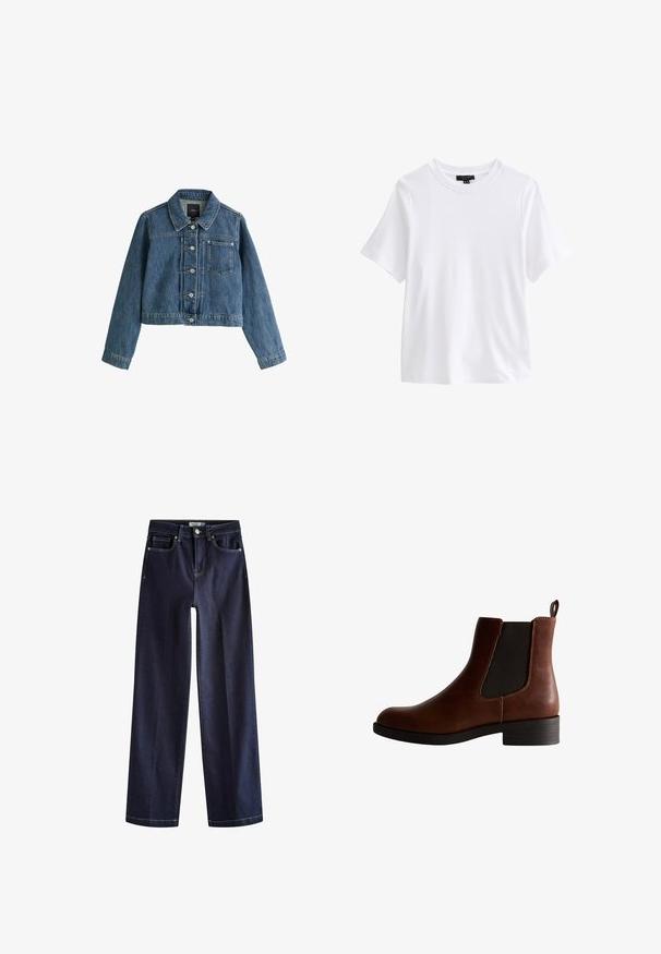 Blå denimjakke med lange ærmer, knapper foran, en brystlomme og en standard krave, vist på en hvid baggrund.; Hvid t-shirt med korte ærmer og rund halsudskæring med en sort tøjetiket inde i kraven på hvid baggrund.; Next Jeans Straight Leg - rinse blue; Brun læder ankelstøvle med elastiske sidepaneler, rund tå og en lav blockhæl. Har kontrastsyngninger og en pull-tab.
