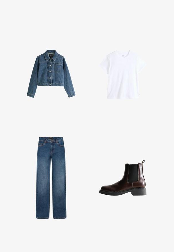 Chaqueta vaquera azul con mangas largas, botones frontales, un bolsillo en el pecho y un cuello estándar, mostrada sobre un fondo blanco.; Camiseta blanca de algodón con mangas cortas, escote redondo y bajo recto. Presenta una pequeña etiqueta con logo rojo en el lado inferior izquierdo.; Vaqueros de pierna ancha en lavado azul medio. Cuentan con cinco bolsillos, cierre de botón y cremallera, y costuras doblemente reforzadas. Tejido duradero.; Botín de cuero marrón con paneles laterales elásticos, puntera redonda y suela de goma negra texturizada. Presenta costuras en contraste y una pestaña para facilitar el calce.