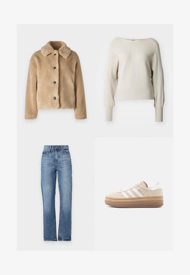 Chaqueta de piel sintética en color beige claro, con un cuello, cierre de botón frontal con botones negros y mangas largas. Textura suave con un acabado aterciopelado.; Suéter beige acanalado con un escote amplio, mangas largas y puños ajustados. Textura suave con sutiles rayas horizontales. Etiqueta de marca visible.; Vaqueros de denim de color azul claro con cintura alta, diseño de pierna recta, con un desgaste mínimo y estilo clásico de cinco bolsillos. Presenta un cierre de botón en bronce.; Zapatilla de ante beige con detalles en cuero blanco, que cuenta con tres franjas blancas, un logo dorado y una suela gruesa de goma translúcida.