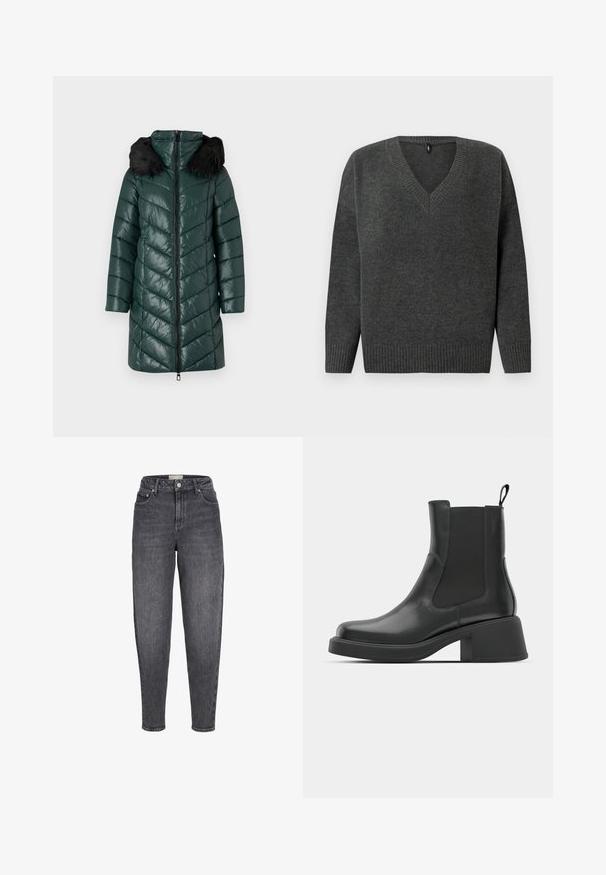 Polstret grøn parka med lynlås foran, chevron-syning og hætte af sort fake fur. Har lange ærmer og en knælang skæring.; Grå strikket sweater med V-hals, ribbede manchetter og kant. Har en blød tekstur og en afslappet pasform, velegnet til lagdeling i køligere vejr.; Sortvaskede jeans med høj talje, tilspidset pasform, forlommer, bæltestropper og knaplukning foran.; Sorte læder ankelstøvler med elastiske sidepaneler, afrundet tå og en kraftig blokhæl. Glat tekstur med et minimalistisk design.
