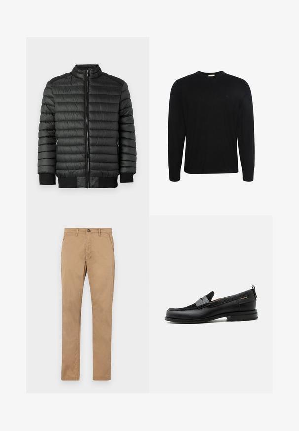Doudoune noire avec texture matelassée horizontale, fermeture éclair, col montant et poignets et ourlet côtelés. Deux poches latérales avec zippers.; Pull noir à manches longues col rond avec un tissu subtilement texturé et un petit logo brodé sur la poitrine gauche.; Chinos beige à jambes droites en coton. Présentent un bouton à l'avant, une fermeture éclair, et des poches latérales avec une texture lisse et sans motifs visibles.; Mocassin en cuir noir avec détail de bride grise, talon bas et semelle texturée, marqué "HUGO" en or sur le côté.