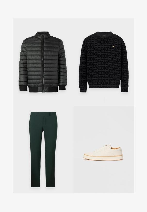 Sort pufferjakke med horisontalt quiltet tekstur, lynlåslukning, høj krave og ribbede manchetter og nederste kant. To sidelommer med lynlås.; Sort crewneck-sweatshirt med et tekstureret geometrisk mønster, der har en guldfarvet logo-accent på brystet samt ribstrikkede manchetter og kant.; Mørkegrønne bukser med en lige ben-design, lavet af et glat stof. Har en flad front og standard talje med bæltesløjfer.; Hvide lædersneakers med rund tå, enkel snørelukning, polstret indersål og en kontrasterende tan gummisål. Glat tekstur hele vejen igennem.