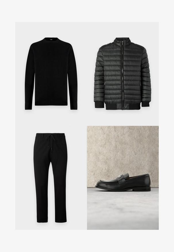 Zwarte pufferjack met horizontale doorgestikte textuur, ritssluiting, hoge kraag en ribgebreide manchetten en zoom. Twee zijzakken met ritsen.; Zwarte lange mouwen crew neck trui met een eenvoudig, effen ontwerp en een klein merkembleem binnenin de kraag.; Zwarte casual broek met elastische tailleband en trekkoord, rechte pijpen, weergegeven op een effen lichte achtergrond.; Zwarte leren loafer met een metalen merktekenplaatje, rustend bij een bruine ronde tafel op een beige tapijtvloer.