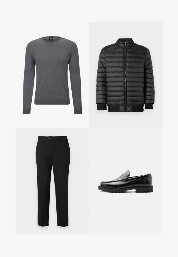 Sort pufferjakke med horisontalt quiltet tekstur, lynlåslukning, høj krave og ribbede manchetter og nederste kant. To sidelommer med lynlås.; Grå crew-neck sweater lavet af blødt strikket stof. Den har lange ærmer, ribbede manchetter og kant, samt et lille logo-mærke på siden.; Sorte bukser lavet af glat stof, med knaplukning, bælteholdere og to sidelommer. Lige ben-udsnit med minimal detaljering.; Sort læderloafer med chunky gummisål, syet overdel og præget mærkenavn på hælen, vist i sideprofil på hvid baggrund.