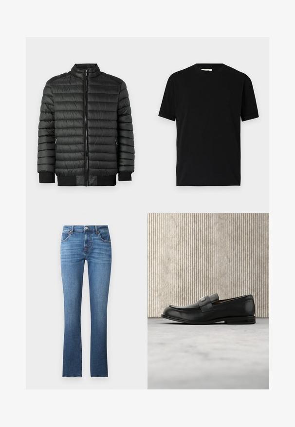 Sort pufferjakke med horisontalt quiltet tekstur, lynlåslukning, høj krave og ribbede manchetter og nederste kant. To sidelommer med lynlås.; Sort kortærmet t-shirt lavet af bomuld med rund halsudskæring og løs pasform. Glat tekstur, ingen mønstre eller synlige logoer.; Blå denimjeans med lige ben design, prydet med let falmning, fem lommer og metalbeslag. Taljen inkluderer bæltesløjfer.; Sort læderloafer med metalbrandskilt hvilende nær et brunt rundt bord på beige tæppe.