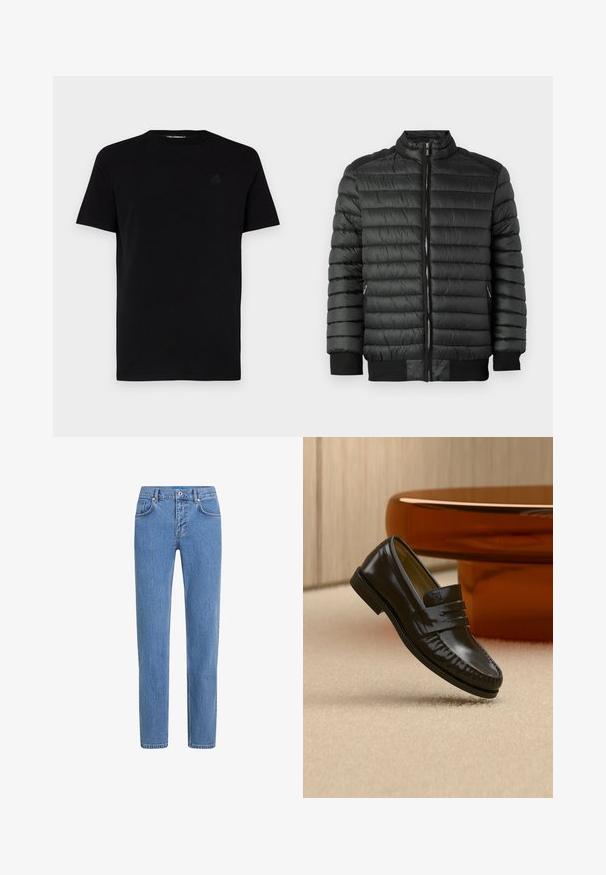 Schwarze Pufferjacke mit horizontaler Steppung, Reißverschluss, hohem Kragen sowie gerippten Manschetten und Saum. Zwei seitliche Taschen mit Reißverschlüssen.; Schwarzes kurzärmliges T-Shirt aus Baumwolle mit Rundhalsausschnitt und einem dezent geprägten Logo auf der linken Brust. Glatte Textur.; Helle blaue Jeans aus Denim mit geradem Bein, fünf Taschen und einem Knopfverschluss. Der Stoff hat eine strukturierte Oberfläche mit dezentem Verblassen.; Glänzender schwarzer Leder-Loafer mit einem Riemendetail, auf einem beigen Teppich neben einem runden braunen Couchtisch in einem sanft beleuchteten Raum platziert.