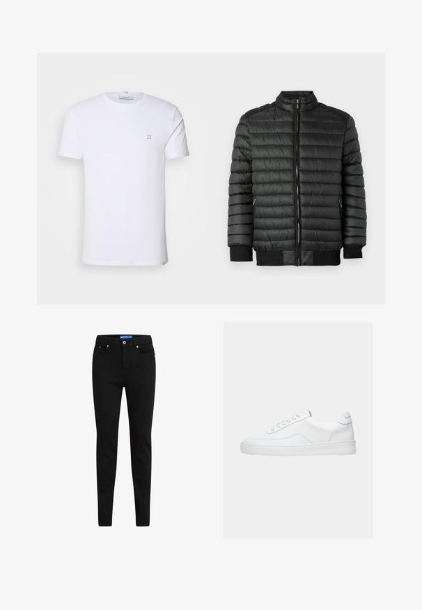 Schwarze Pufferjacke mit horizontaler Steppung, Reißverschluss, hohem Kragen sowie gerippten Manschetten und Saum. Zwei seitliche Taschen mit Reißverschlüssen.; Weißes Baumwoll-T-Shirt mit kurzen Ärmeln, das ein kleines orangefarbenes "II"-Logo auf der linken Brust und einen Rundhalsausschnitt aufweist. Einfaches Design und Textur.; Schwarze Slim-Fit-Jeans aus Denim, mit einem Fünf-Taschen-Design, Knopfverschluss und kontrastierendem blauen Etikett am Bündchen.; Weißer Sneaker mit niedrigem Schaft, Schnürdesign, glattem Lederobermaterial und dicker Sohle, von der Seite auf einfachem Hintergrund gezeigt.
