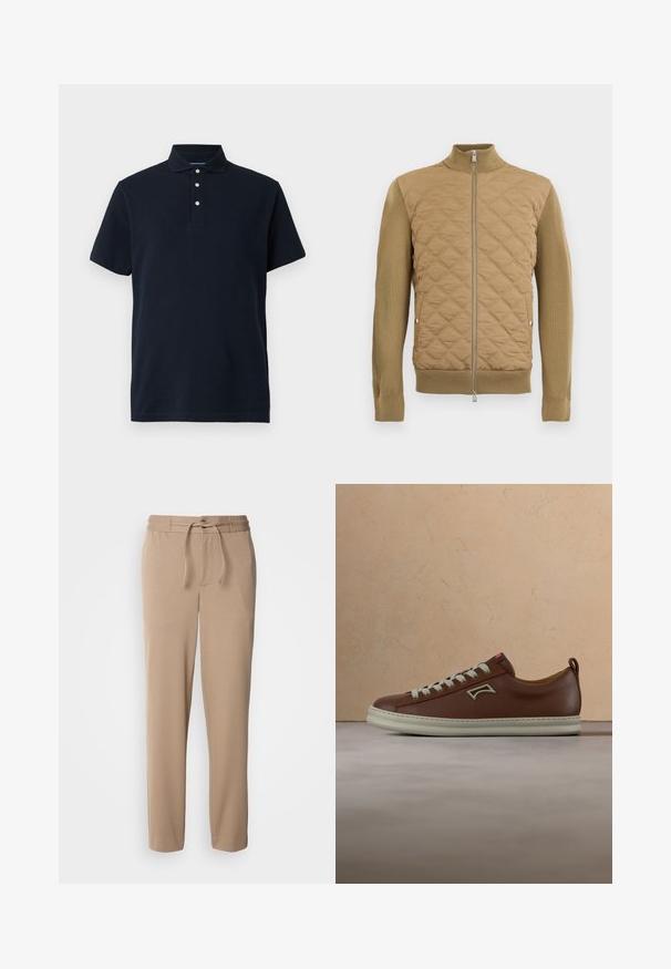 Beige Steppjacke mit gerippten Strickärmeln, Kragen und Saum, ausgestattet mit einem Frontreißverschluss und Druckknopf-Seitentaschen.; Marineblaue kurzärmlige Polo-Shirt mit Kragen und drei weißen Knöpfen auf der Knopfleiste, vor einem einfarbigen Hintergrund präsentiert.; Beige Sweatpants aus weichem Baumwollmaterial, mit elastischem Bund, Kordelzug, slim fit und geraden Beinen ohne Muster.; Brauner Sneakers aus Leder mit weißen Schnürsenkeln, rundem Zehenbereich, texturierter Oberfläche und einem roten Etikett an der Zunge. Cremefarbene Sohle mit kontrastierendem Design.