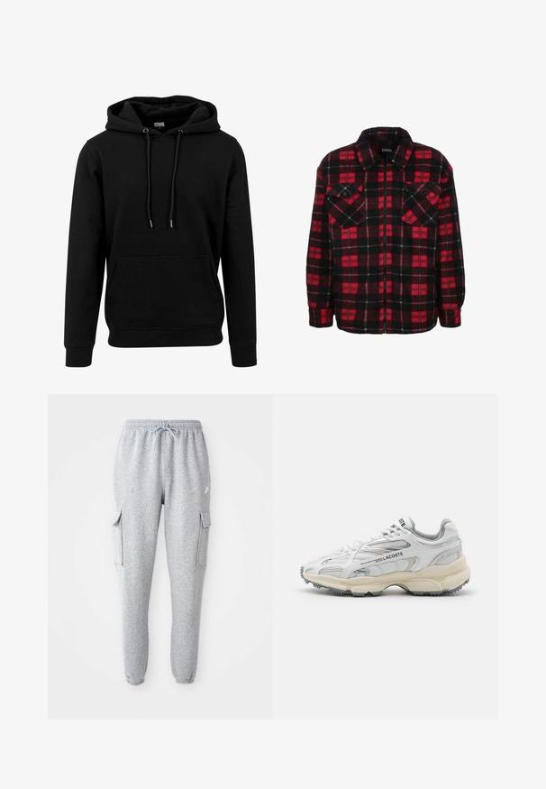 Rood en zwart flanellen shirtjack met een ruitpatroon, een kraag, twee borstzakken en een ritssluiting aan de voorkant. Zachte textuur.; Zwarte hoodie van zachte stof, voorzien van een grote voorzak, trekkoorden en ribbels aan de mouwen en onderkant. Eenvoudig, effen kleurontwerp.; Grijze sweatpants van zachte stof, met een elastische tailleband met trekkoord, twee zijzakken en taps toelopende boorden.; Witte sportieve schoenen met grijze accenten, bovenwerk van mesh en synthetisch materiaal, vetersluiting en een geprofileerde rubberen zool met looppatronen.