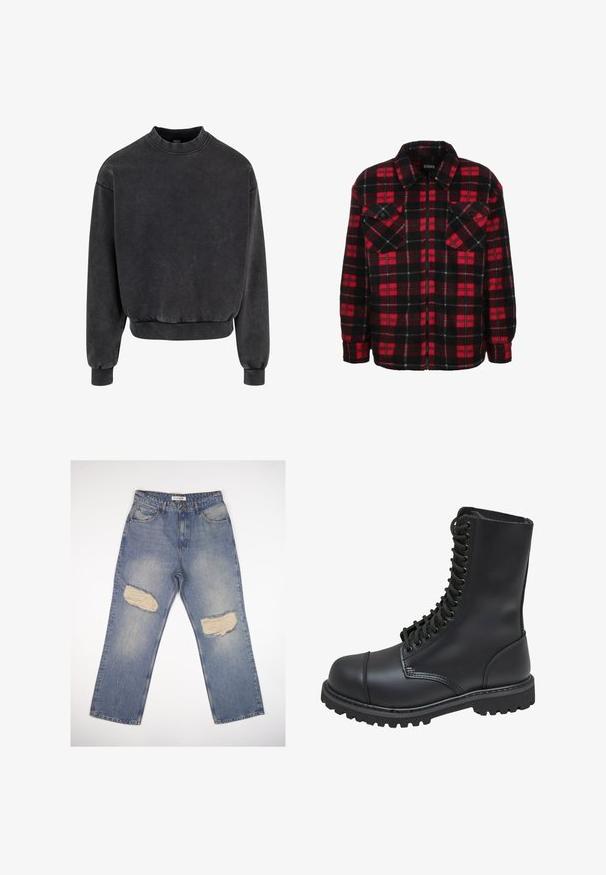 Červená a čierna flanelová koženka s károvaným vzorom, s golierom, dvoma náprsníkovými vreckami a predným zipsom. Taktiež má mäkkú textúru.; Čierny skrátený sveter s okrúhlym výstrihom, rebrovanými manžetami a dolným lemom. Vyrobený z mäkkej tkaniny s mierne vyblednutým vzhľadom.; Svetlomodré džínsy so štandardným rovný fit, s dvoma veľkými opotrebovanými záplatami na kolenách a klasickým dizajnom s piatimi vreckami.; Čierne kožené bojové topánky s vysokým zvrškom, šnurovaním vpredu, polstrovaným golierom a robustnou štruktúrovanou podrážkou pre lepšie gripovanie. Obsahuje zosilnenú špičku.