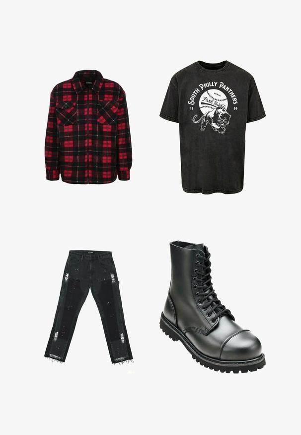 Veste chemise en flanelle rouge et noire avec un motif à carreaux, un col, deux poches poitrine et une fermeture éclair à l'avant. Texture douce.; T-shirt noir en coton à manches courtes avec un graphisme de panthère et le texte « South Philly Panthers » accompagné d'un design de baseball.; Jeans en denim noir avec des patches déchirés, des ourlets effilochés et des accents texturés. Taille mi-haute avec un design standard à cinq poches.; Botte de combat en cuir noir avec une tige haute, bout rond, laçage sur le devant et semelle en caoutchouc robuste avec un profil de crantage profond pour une meilleure adhérence.