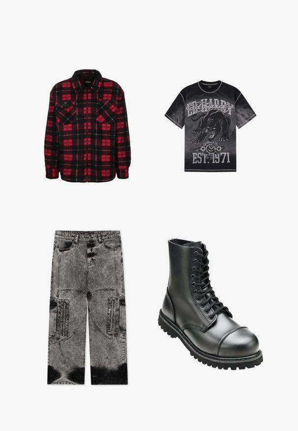 Punainen ja musta flanellipaita-takki, jossa on ruudullinen kuvio, kauluspääntie, kaksi rintataskua ja vetoketjusuljenta. Pehmeä rakenne.; Musta ja harmaa Ed Hardy -t-paita, jossa on muriseva musta pantteri, ruusuja ja teksti "Ed Hardy", "Drawn by L.A." sekä "EST. 1971."; FAVELA BIG POCKET - Loose fit -farkut - black acid washed; Musta nahkainen taistelukenkä, jossa on korkea nilkka, pyöreä kärki, nauhakiinnitys edessä ja kestävä kumipohja syvällä kulutuspinnalla pidon saavuttamiseksi.