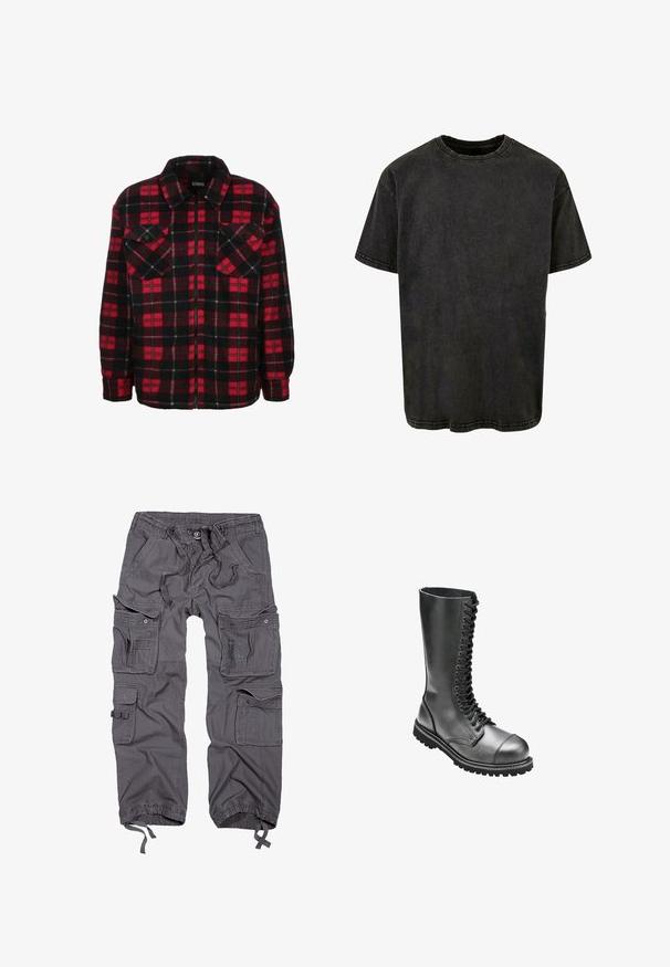Rood en zwart flanellen shirtjack met een ruitpatroon, een kraag, twee borstzakken en een ritssluiting aan de voorkant. Zachte textuur.; Zwarte katoenen T-shirt met korte mouwen, ronde halslijn en zichtbare stiksels. Losse pasvorm met een iets versleten textuur.; Grijze cargobroek met meerdere zakken, trekkoord in de taille, knoopsluiting, taps toelopende boorden en een gestructureerde stofafwerking.; Zwarte leren veterlaarzen met een hoge schacht, ronde neus, gewatteerde kraag en een geprofileerde rubberen zool voor betere grip.
