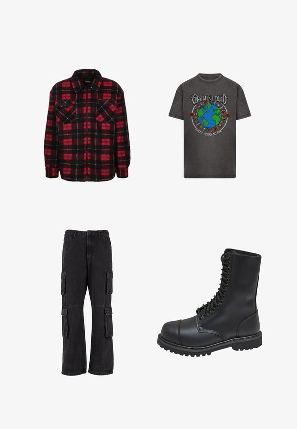 Rood en zwart flanellen shirtjack met een ruitpatroon, een kraag, twee borstzakken en een ritssluiting aan de voorkant. Zachte textuur.; Donkergrijze T-shirt met een kleurrafbeelding van de aarde omringd door dansende beren, met de tekst "Grateful Dead" erboven en "Zestig Jaar Tot Nu Toe" eronder.; Zwarte cargobroek van denim, met een losse pasvorm, meerdere zijzakken en gestikte details. De textuur is iets vervaagd.; Zwarte leren gevechtslaars met een hoge schacht, vetersluiting aan de voorkant, gewatteerde kraag en een stevige, gestructureerde zool voor grip. Bevat een versterkte neus.