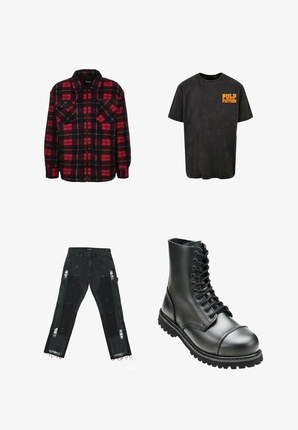 Veste chemise en flanelle rouge et noire avec un motif à carreaux, un col, deux poches poitrine et une fermeture éclair à l'avant. Texture douce.; T-shirt en coton noir avec une coupe décontractée, dotée d'un design à manches courtes et d'un graphique rétro 'PULP FICTION' en orange sur le côté gauche de la poitrine.; Jeans en denim noir avec des patches déchirés, des ourlets effilochés et des accents texturés. Taille mi-haute avec un design standard à cinq poches.; Botte de combat en cuir noir avec une tige haute, bout rond, laçage sur le devant et semelle en caoutchouc robuste avec un profil de crantage profond pour une meilleure adhérence.