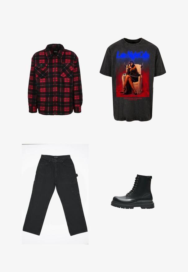 Veste chemise en flanelle rouge et noire avec un motif à carreaux, un col, deux poches poitrine et une fermeture éclair à l'avant. Texture douce.; T-shirt noir surdimensionné avec un visuel usé d'une femme au téléphone. L'impression comprend des accents rouges et un texte bleu. Manches courtes, tissu en coton.; Pantalons en denim noir avec un design à jambe droite, présentant une fermeture à bouton à l'avant, des poches arrière et une poche cargo latérale.; Botte de combat noire en cuir avec lacets, semelle épaisse en caoutchouc et détails cousus, vue de côté sur fond blanc.