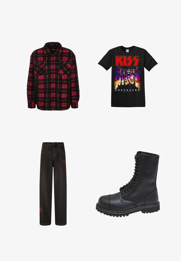 Rood en zwart flanellen shirtjack met een ruitpatroon, een kraag, twee borstzakken en een ritssluiting aan de voorkant. Zachte textuur.; Zwarte T-shirt met een kleurrafische afbeelding van vier bandleden, met de tekst "KISS" in het rood en "DESTROYER" eronder in het wit.; Zwarte denim broek met wijde pijpen, zichtbaar stiksel en rode geborduurde tekst. Voorzien van een klassieke knoopsluiting en riemlussen.; Zwarte leren gevechtslaars met een hoge schacht, vetersluiting aan de voorkant, gewatteerde kraag en een stevige, gestructureerde zool voor grip. Bevat een versterkte neus.