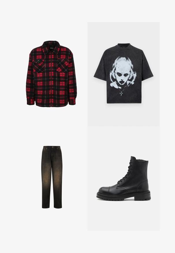 Rood en zwart flanellen shirtjack met een ruitpatroon, een kraag, twee borstzakken en een ritssluiting aan de voorkant. Zachte textuur.; Zwart oversized T-shirt met een wit grafisch ontwerp van een kale persoon met donkere ogen, lippenstift, piercings en een ketting met een kruisje.; Donkerdenim jeans met een licht vervaagde afwerking, voorzien van een rechte pijp, vijf zakken en metalen knoopsluiting.; AllSaints HANK - Veterboots - black