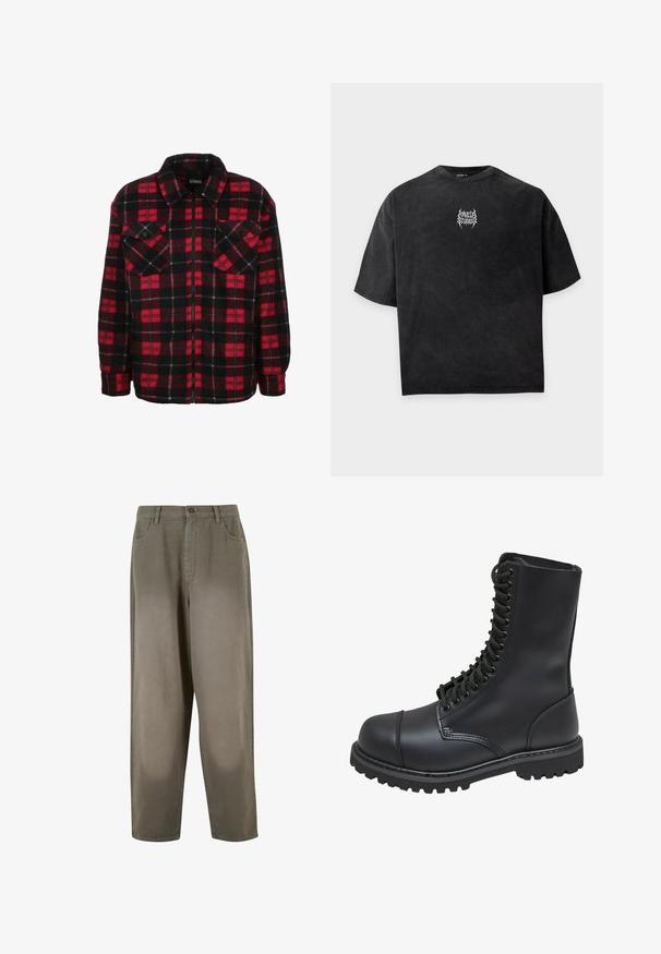 Rood en zwart flanellen shirtjack met een ruitpatroon, een kraag, twee borstzakken en een ritssluiting aan de voorkant. Zachte textuur.; Zwarte oversized T-shirt met korte mouwen met kleine witte ingewikkelde logo tekst gecentreerd op de borst met de tekst "SEVEN STUDIOS".; Lichtgroene, wijde broek van zacht materiaal. Voorzien van een knoopsluiting, voorzakken en een overall gladde textuur.; Zwarte leren gevechtslaars met een hoge schacht, vetersluiting aan de voorkant, gewatteerde kraag en een stevige, gestructureerde zool voor grip. Bevat een versterkte neus.