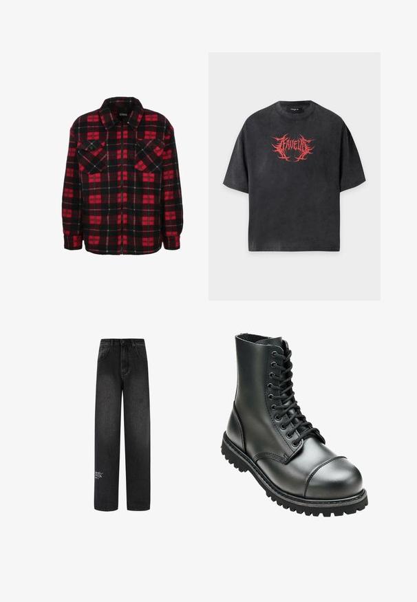 Rød og sort flannel skjortejakke med et ternet mønster, krave, to brystlommer og frontlynlås. Blød tekstur.; Sort oversized T-shirt med korte ærmer og rødt pigget tekstdesign centreret på brystet, der lyder "FAVELA".; Sorte denim bukser med bred benvidde og høj talje, med to forlommer og en dekorativ logodetalje på det nederste ben.; Sort læderkampstøvle med høj ankel, rund tå, snørebånd foran og robust gummisål med dybe mønstre for godt greb.
